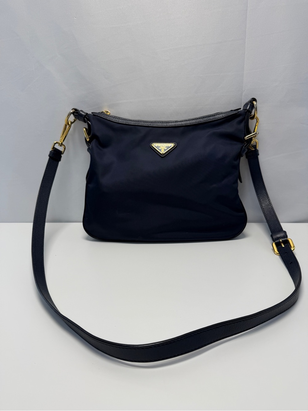 Prada Navy Nylon Crossbody with Gold-Tone Hardware
